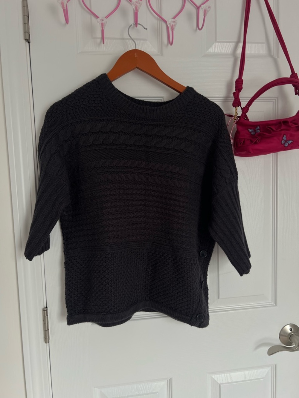 Women's Dark Blue Cable Knit Short-Sleeve Sweater